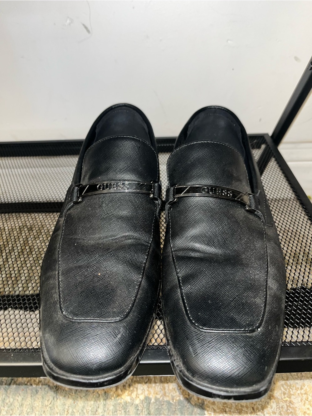 Guess Black Men's Textured Leather Slip-On Loafers with Metal Logo Bar